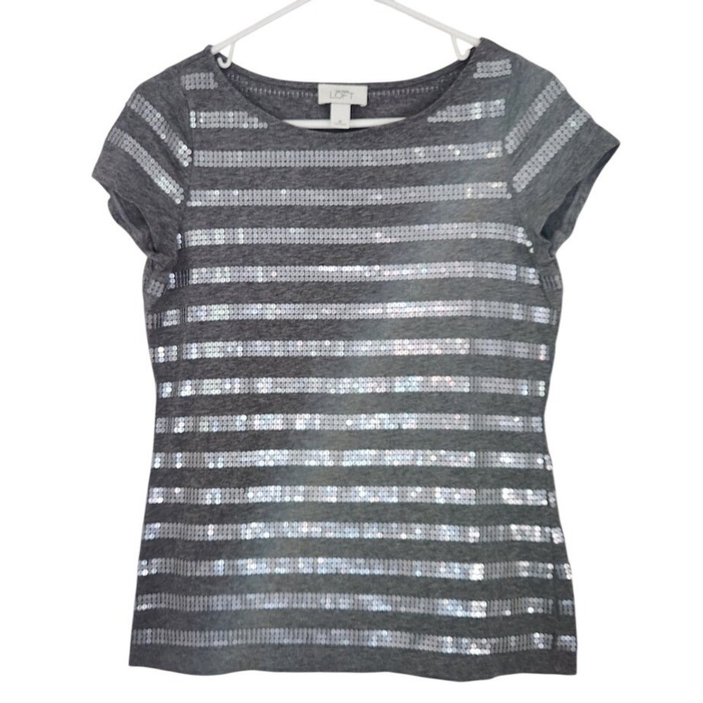 LOFT Grey Sequin Stripe Short Sleeve T‎ Shirt Top Women's Medium  E18